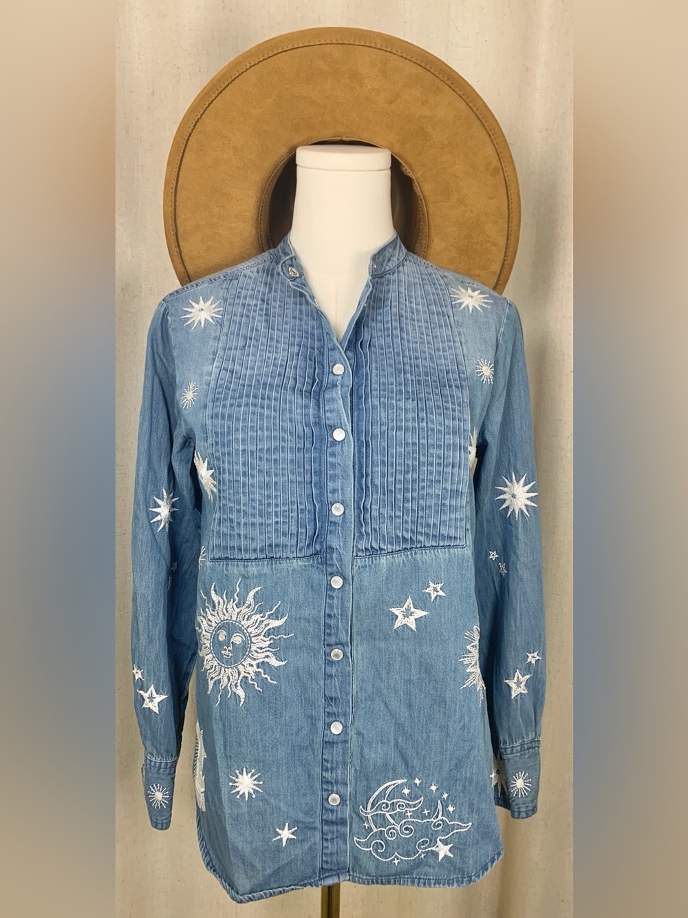 Johnny Was Workshop XS Embroidered Denim Tunic Button Front Celestial Boho